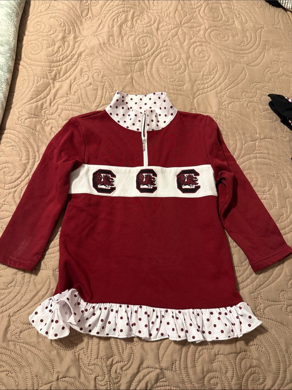 Girls' Garnet Long-Sleeve Ruffle Top with Polka Dot Trim